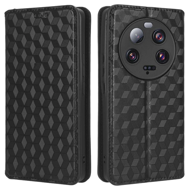 Для Xiaomi 13 Ultra Rhombus Imprinted PU Leather Phone Case Wallet Stand Flip Cover - Black
