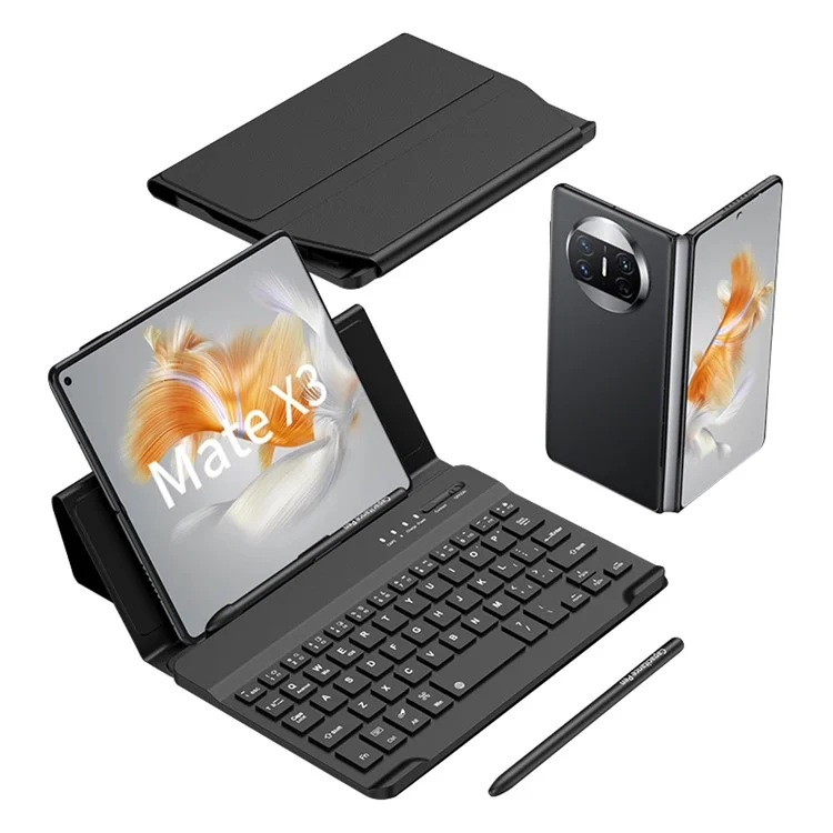 GKK Cell Phone Bluetooth-compatible Keyboard for Huawei Mate X3 5G Shockproof Cover with Phone Case, Tempered Glass Film, Pen - Black