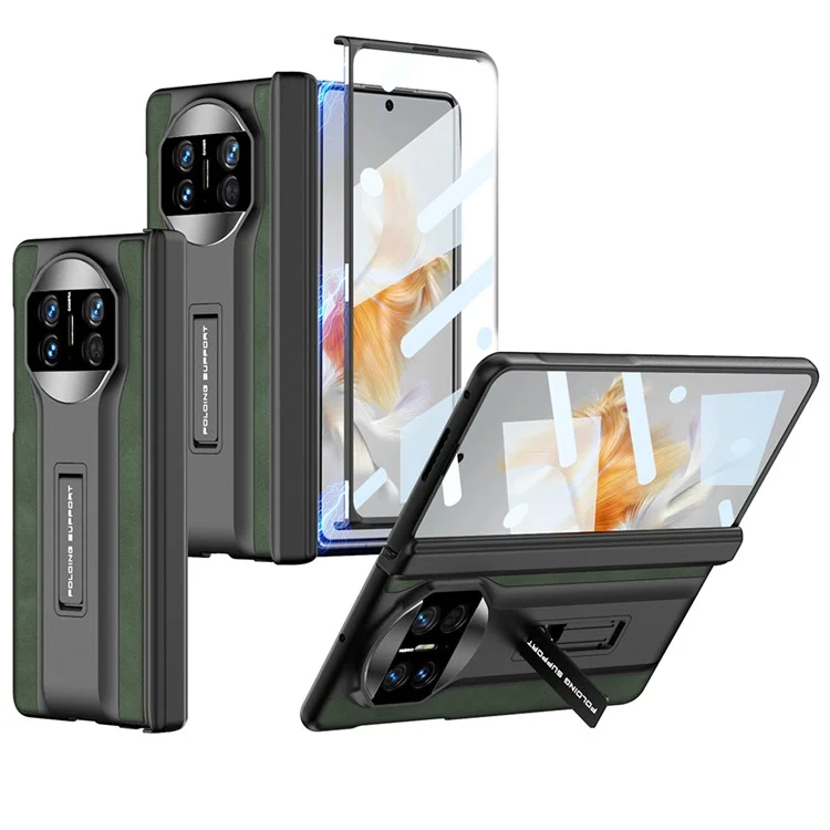 GKK para Huawei Mate X3 5G Estuche con Soporte Oculto Recubrimiento de Cuero Mate Magnético Cubierta de PC con Película de Vidrio Templado HD - Verde