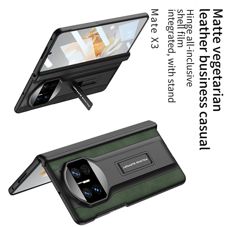 GKK para Huawei Mate X3 5G Estuche con Soporte Oculto Recubrimiento de Cuero Mate Magnético Cubierta de PC con Película de Vidrio Templado HD - Verde