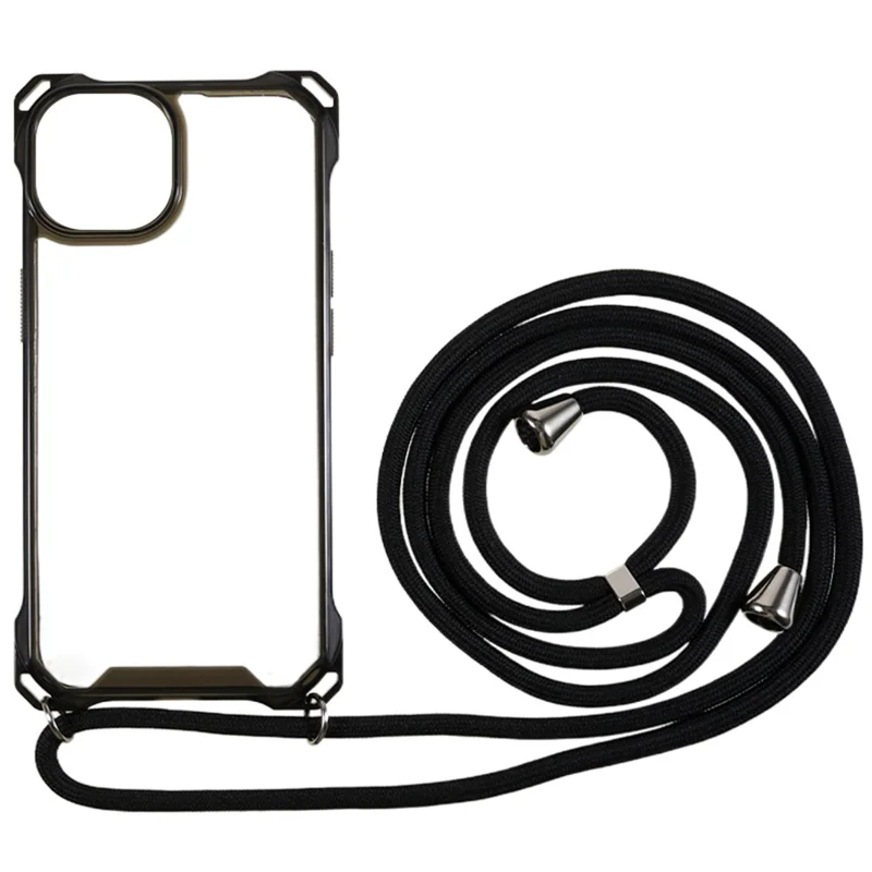 For iPhone 13 Transparent Acrylic Back + TPU Case Anti-drop Phone Cover with Lanyard - Black
