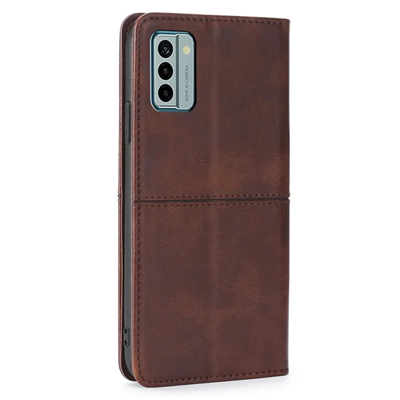 Para Nokia G22 Anti-fingerprint Phone Shell Cowhide Texture PU Leather Case Stand Card Slot Cover - Dark Brown