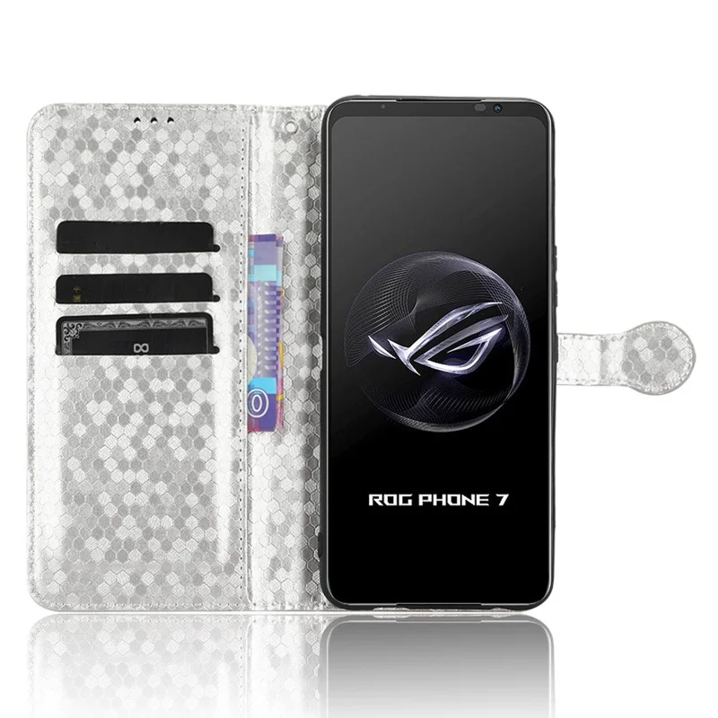 For Asus ROG Phone 7 5G Mobile Phone Wallet Case PU Leather Stand Dot Pattern Imprinted Phone Cover - Silver