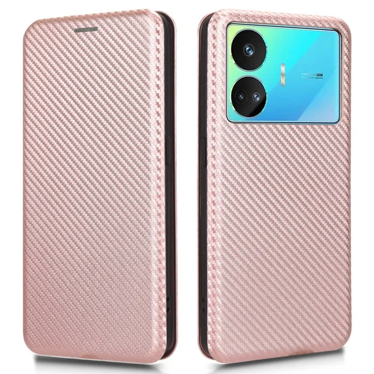 Para Realme GT Neo5 SE 5G PU Leather Phone Case Carbon Fiber Texture Stand Cover com Slot de Cartão - Ouro Rosa