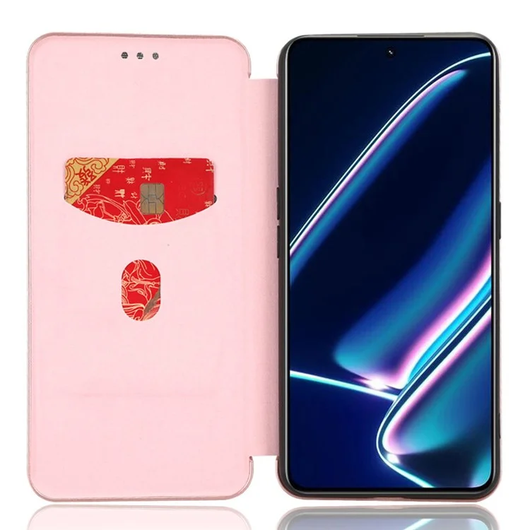 Para Realme GT Neo5 SE 5G PU Leather Phone Case Carbon Fiber Texture Stand Cover com Slot de Cartão - Ouro Rosa