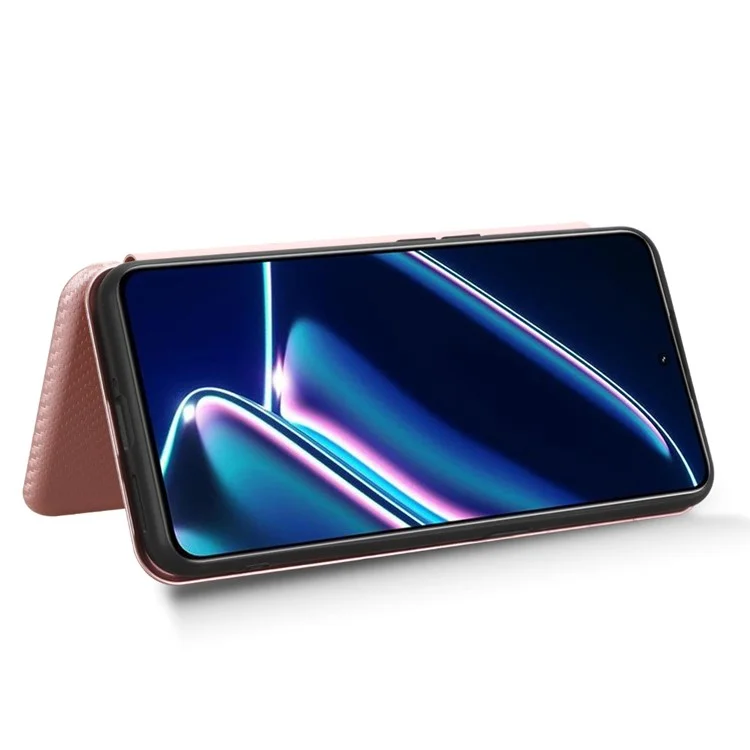 Para Realme GT Neo5 SE 5G PU Leather Phone Case Carbon Fiber Texture Stand Cover com Slot de Cartão - Ouro Rosa