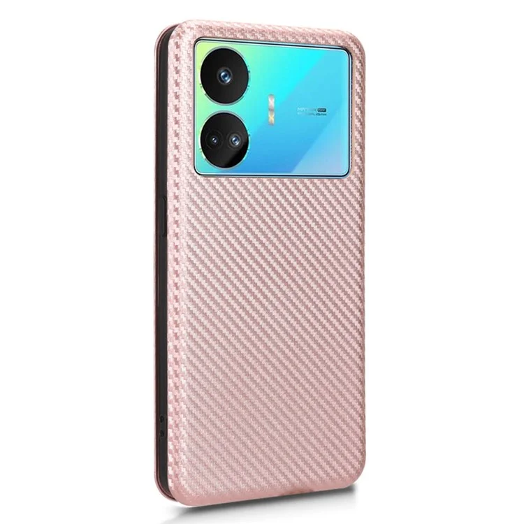 Para Realme GT Neo5 SE 5G PU Leather Phone Case Carbon Fiber Texture Stand Cover com Slot de Cartão - Ouro Rosa