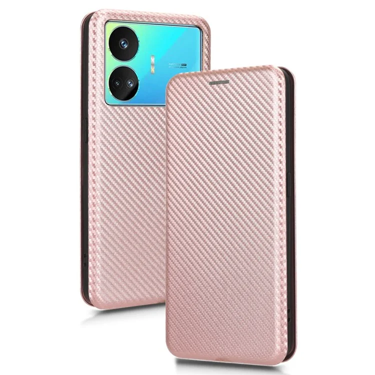 Para Realme GT Neo5 SE 5G PU Leather Phone Case Carbon Fiber Texture Stand Cover com Slot de Cartão - Ouro Rosa