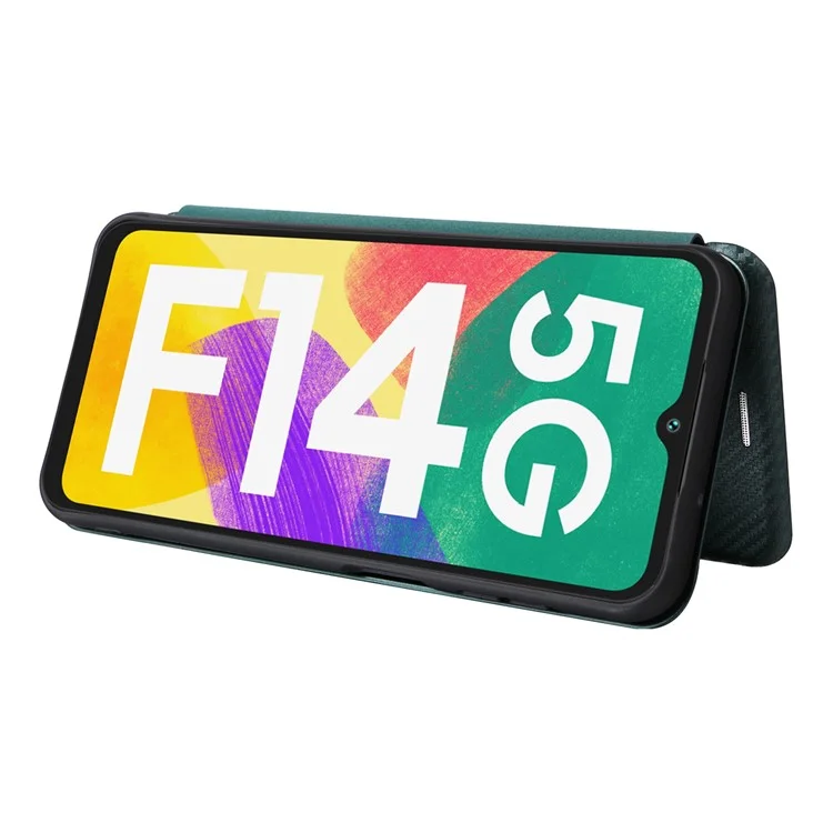 Handyhülle für Samsung Galaxy F14 5G PU-Leder Carbon-Faser-Textur Ständer-Cover mit Kartenfach - Grün