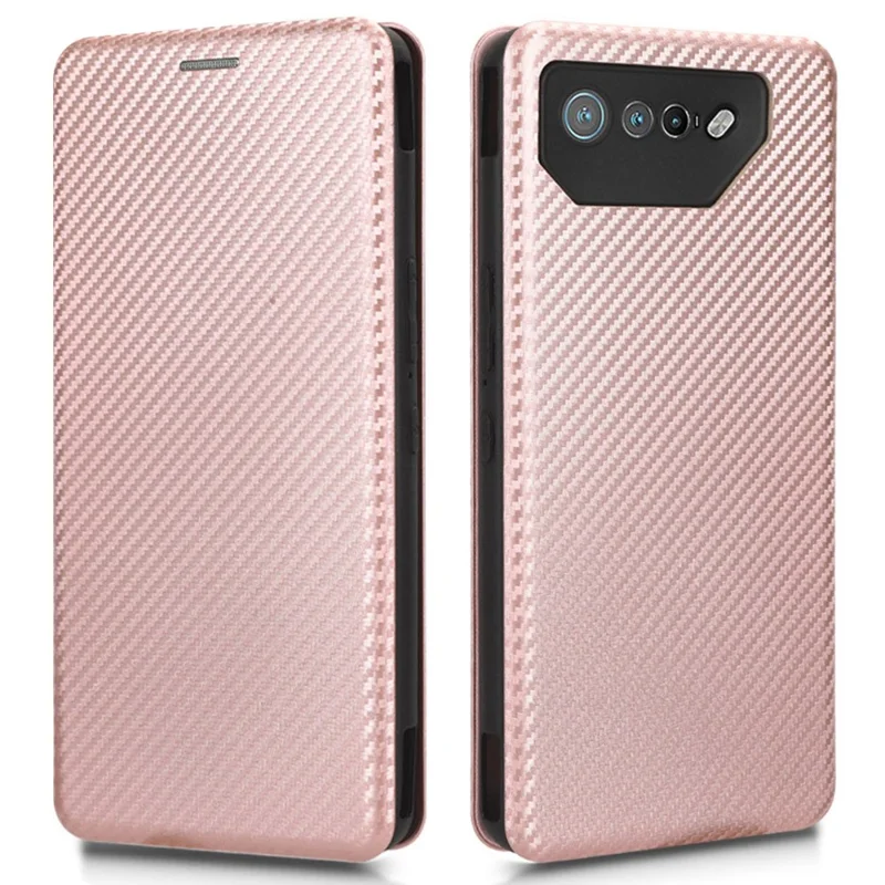 Funda de pie para Asus ROG Phone 7 5G / 7 Ultimate 5G Textura de fibra de carbono Ranura para tarjeta Funda de teléfono de piel de PU - Oro rosa