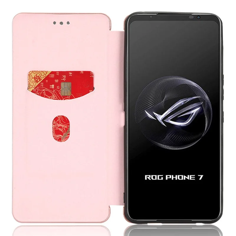 Funda de pie para Asus ROG Phone 7 5G / 7 Ultimate 5G Textura de fibra de carbono Ranura para tarjeta Funda de teléfono de piel de PU - Oro rosa