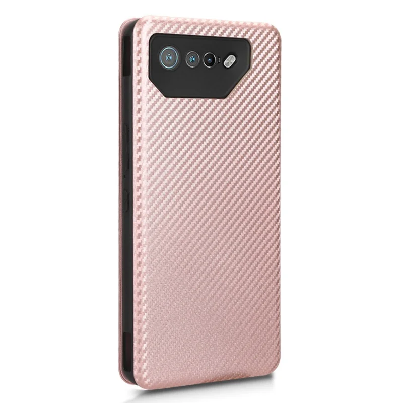 Funda de pie para Asus ROG Phone 7 5G / 7 Ultimate 5G Textura de fibra de carbono Ranura para tarjeta Funda de teléfono de piel de PU - Oro rosa