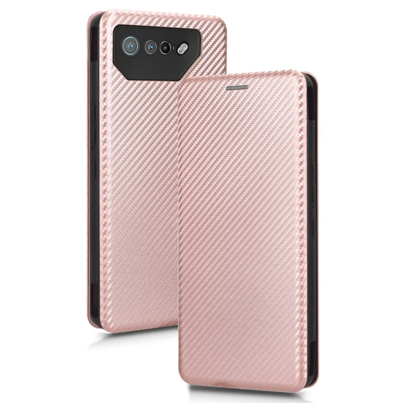 Funda de pie para Asus ROG Phone 7 5G / 7 Ultimate 5G Textura de fibra de carbono Ranura para tarjeta Funda de teléfono de piel de PU - Oro rosa
