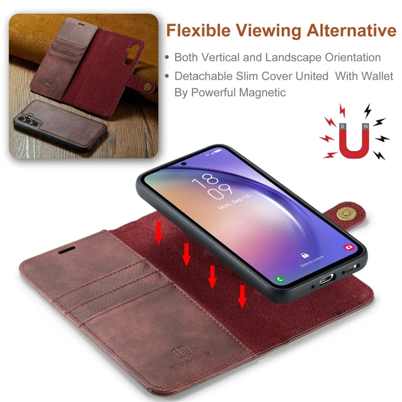 DG.MING For Samsung Galaxy A54 5G Split Leather Stand Wallet Phone Case Magnetic Detachable Protective Cover - Red