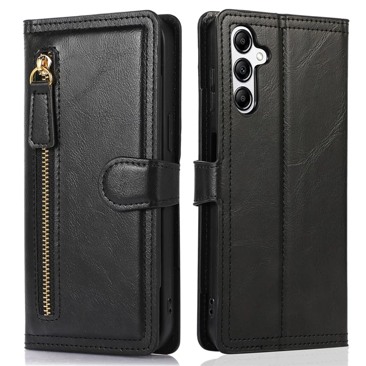 Для Samsung Galaxy A14 5G / A14 4G PU Leather Magnetic Clasp Phone Cover Zipper Pocket Wallet Stand Case - Черный
