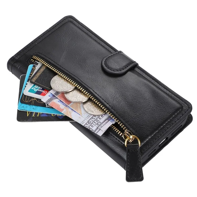 Для Samsung Galaxy A14 5G / A14 4G PU Leather Magnetic Clasp Phone Cover Zipper Pocket Wallet Stand Case - Черный