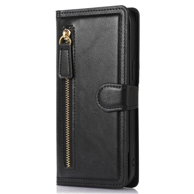 Для Samsung Galaxy A14 5G / A14 4G PU Leather Magnetic Clasp Phone Cover Zipper Pocket Wallet Stand Case - Черный