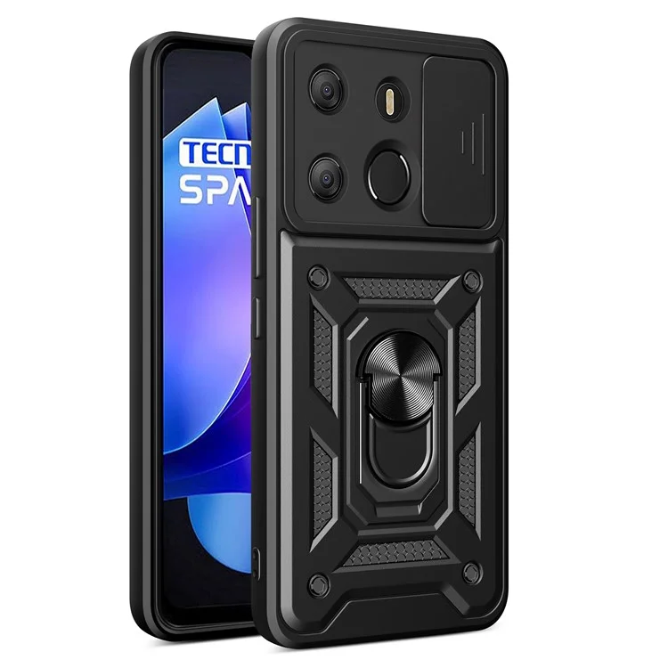 For TECNO Spark Go 2023 4G / Pop 7 Pro 4G Slide Lens Protection Cover Shockproof Kickstand PC+TPU Phone Case - Black