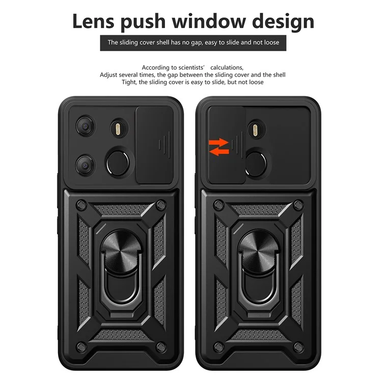 For TECNO Spark Go 2023 4G / Pop 7 Pro 4G Slide Lens Protection Cover Shockproof Kickstand PC+TPU Phone Case - Black