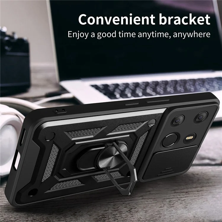 For TECNO Spark Go 2023 4G / Pop 7 Pro 4G Slide Lens Protection Cover Shockproof Kickstand PC+TPU Phone Case - Black