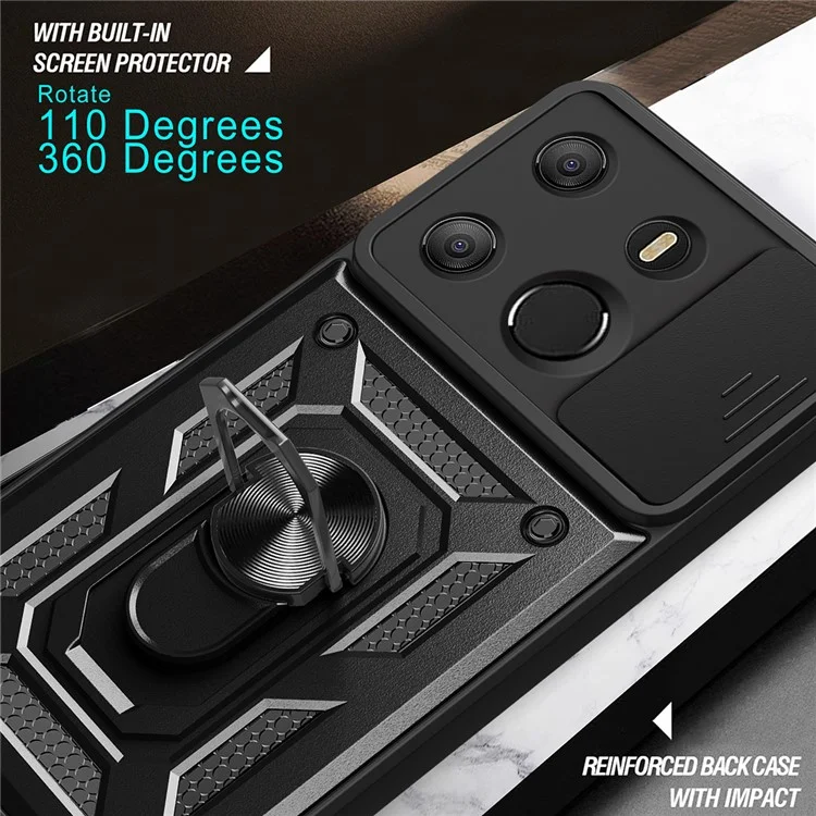 For TECNO Spark Go 2023 4G / Pop 7 Pro 4G Slide Lens Protection Cover Shockproof Kickstand PC+TPU Phone Case - Black