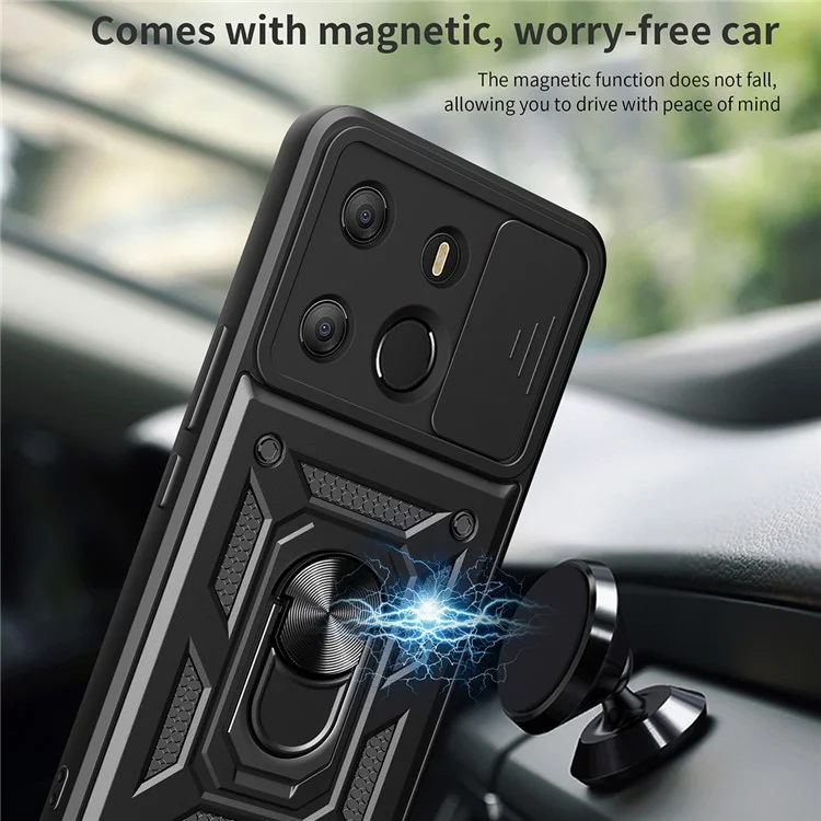 For TECNO Spark Go 2023 4G / Pop 7 Pro 4G Slide Lens Protection Cover Shockproof Kickstand PC+TPU Phone Case - Black