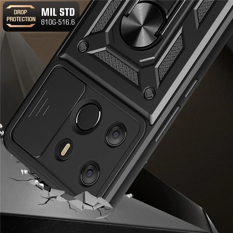 For TECNO Spark Go 2023 4G / Pop 7 Pro 4G Slide Lens Protection Cover Shockproof Kickstand PC+TPU Phone Case - Black