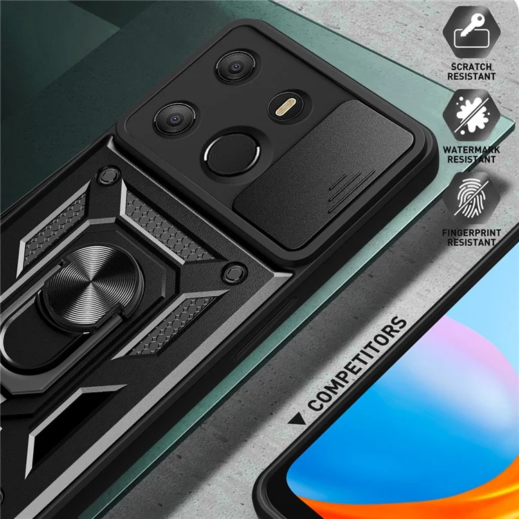 For TECNO Spark Go 2023 4G / Pop 7 Pro 4G Slide Lens Protection Cover Shockproof Kickstand PC+TPU Phone Case - Black