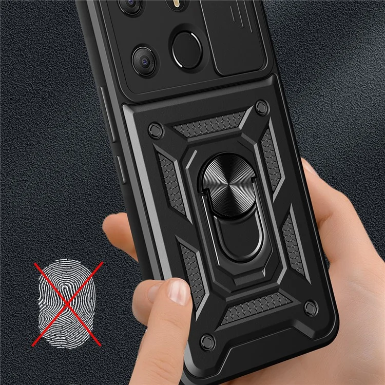For TECNO Spark Go 2023 4G / Pop 7 Pro 4G Slide Lens Protection Cover Shockproof Kickstand PC+TPU Phone Case - Black