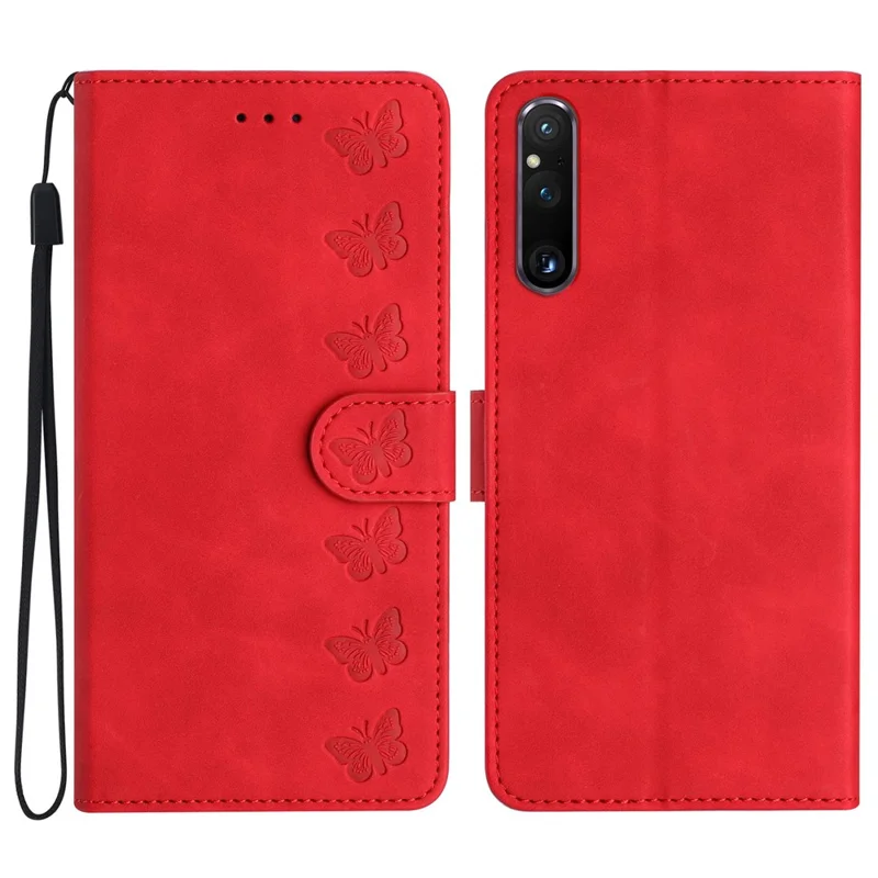 For Sony Xperia 1 V Drop-proof Butterfly Imprinted Shell PU Leather Wallet Stand Phone Case - Red