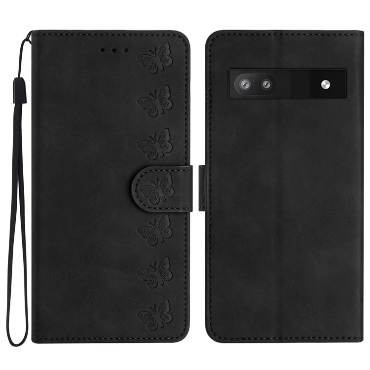 For Google Pixel 7a Butterfly Imprinted Foldable Stand Shell Anti-scratch PU Leather Wallet Phone Case - Black