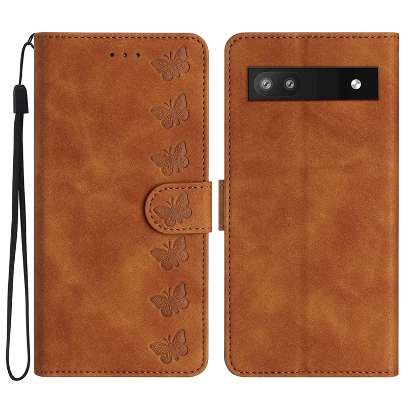 For Google Pixel 7a Butterfly Imprinted Foldable Stand Shell Anti-scratch PU Leather Wallet Phone Case - Brown