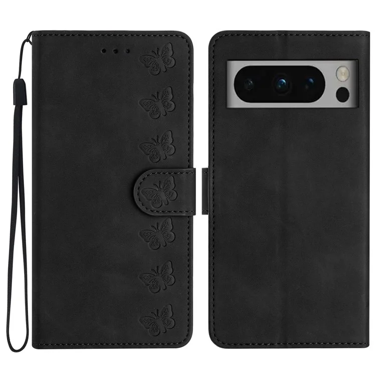 For Google Pixel 8 Pro Butterfly Imprinted Foldable Stand Shell Anti-fall PU Leather Wallet Phone Case - Black