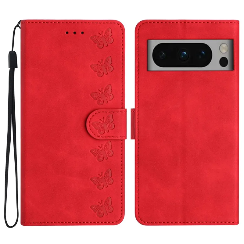 For Google Pixel 8 Pro Butterfly Imprinted Foldable Stand Shell Anti-fall PU Leather Wallet Phone Case - Red