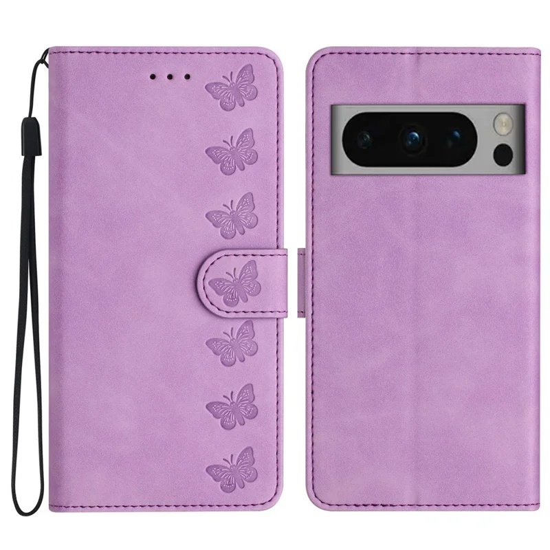 For Google Pixel 8 Pro Butterfly Imprinted Foldable Stand Shell Anti-fall PU Leather Wallet Phone Case - Purple