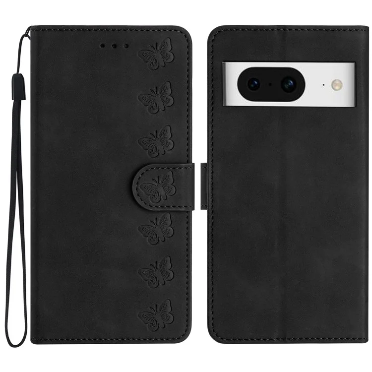 Butterfly Imprinted Wallet Phone Case for Google Pixel 8 , PU Leather Stand Cover - Black