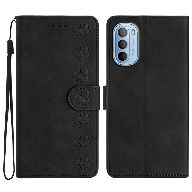 Handyhülle für Motorola Moto G62 5G PU-Leder Schmetterling geprägt Ständer Schale Brieftasche Flip Cover - Schwarz
