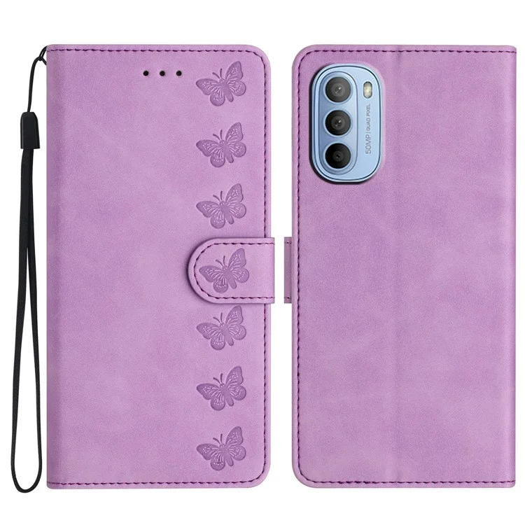 Phone Case for Motorola Moto G62 5G PU Leather Butterfly Imprinted Stand Shell Wallet Flip Cover - Purple