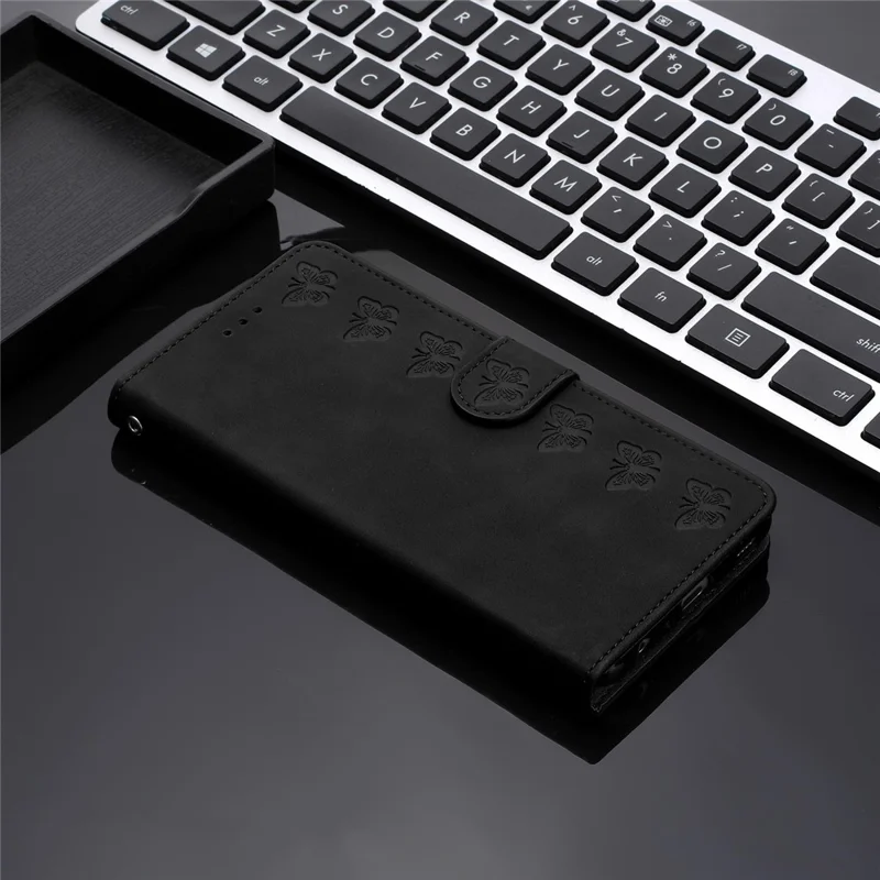 Funda de teléfono de cuero PU para Samsung Galaxy S23 con estampado de mariposa, carcasa tipo cartera con tapa abatible - Negro
