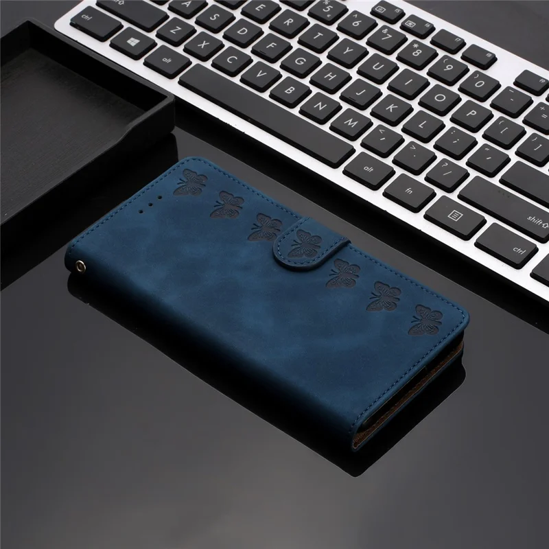 Leather Phone Case for Samsung Galaxy A54 5G Butterfly Imprinted Anti-drop Stand Shell Wallet Flip Cover - Blue