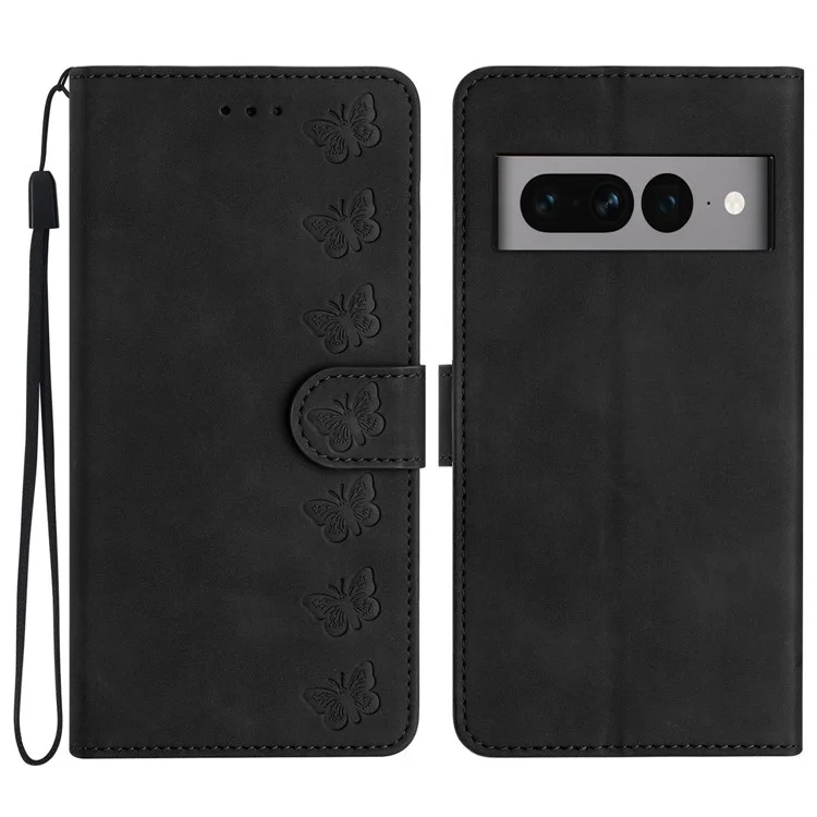 Shockproof Phone Case for Google Pixel 7 Pro 5G Butterfly Imprinted Stand Shell Wallet Flip Leather Cover - Black