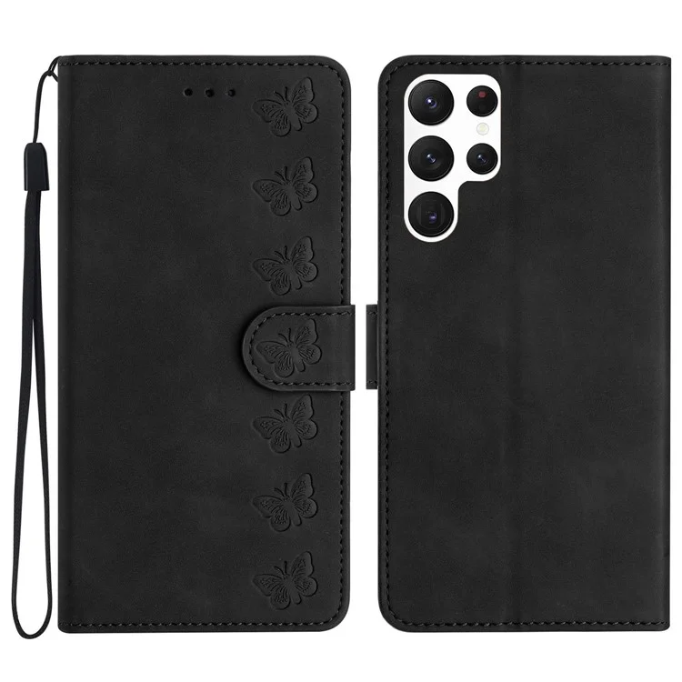 Pour Samsung Galaxy S22 Ultra 5G Fall-proof Stand Wallet Case Butterfly Imprinted Leather Cover - Noir
