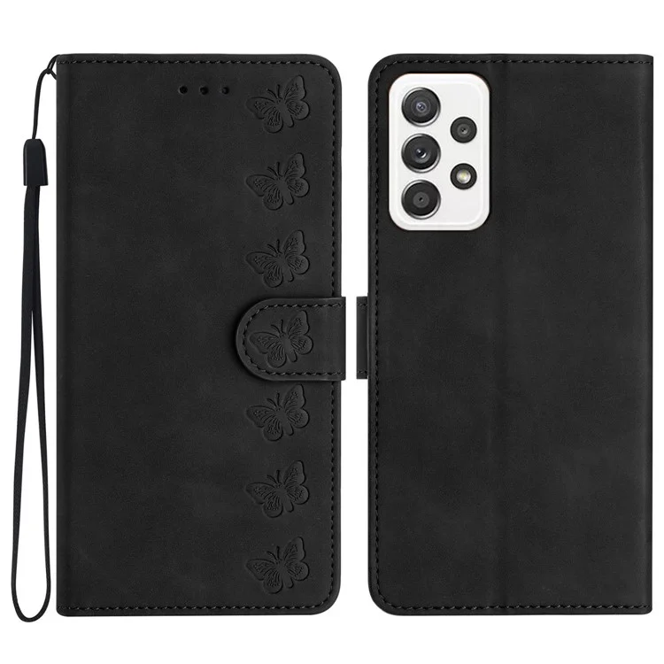 PU Leather Cover for Samsung Galaxy A23 4G / A23 5G (Global Version) Butterfly Imprinted Stand Wallet Case - Black