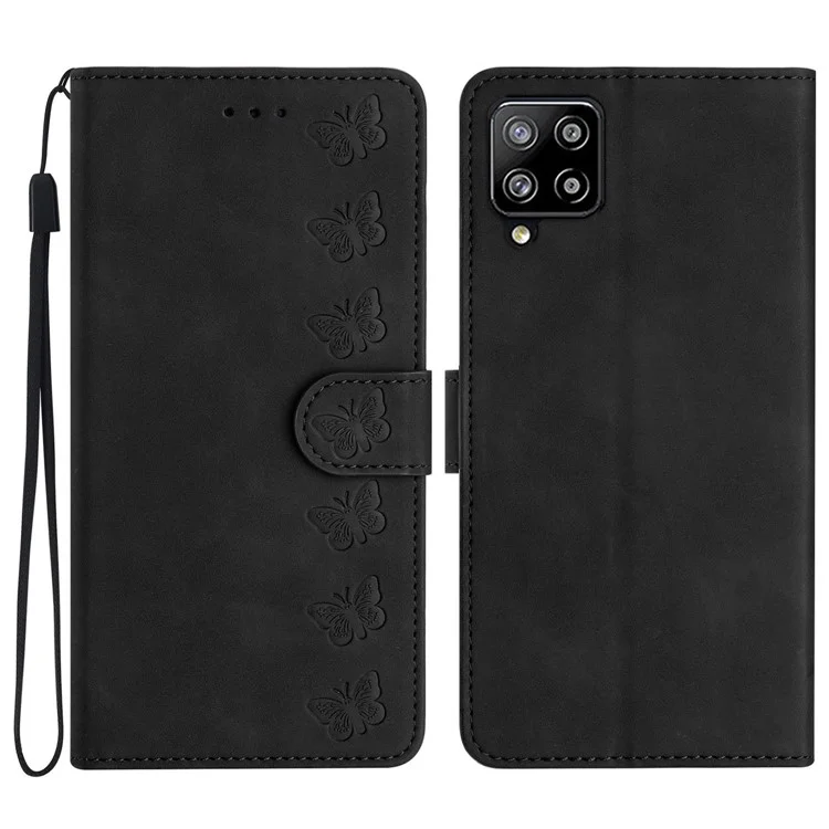 Leather Cover for Samsung Galaxy A42 5G Horizontal Stand Butterfly Imprinted Wallet Flip Case - Black