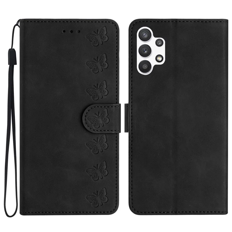 For Samsung Galaxy A32 5G / M32 5G Butterfly Imprinted Phone Case Leather Wallet Shockproof Shell with Stand - Black