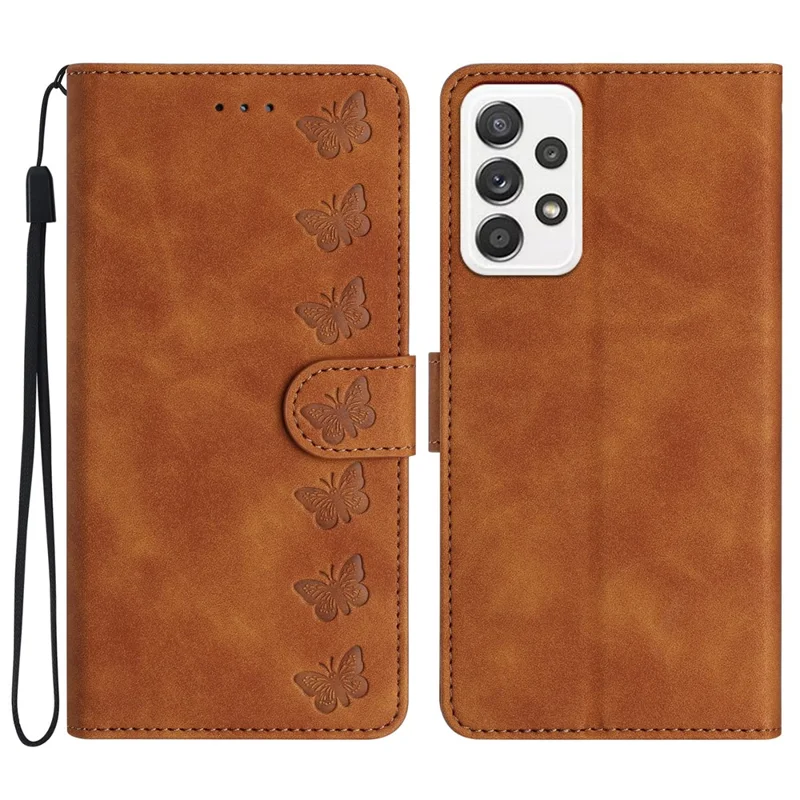 For Samsung Galaxy A52 5G / A52 4G / A52s 5G Drop-proof Butterfly Imprinted Shell Leather Wallet Stand Phone Case - Brown
