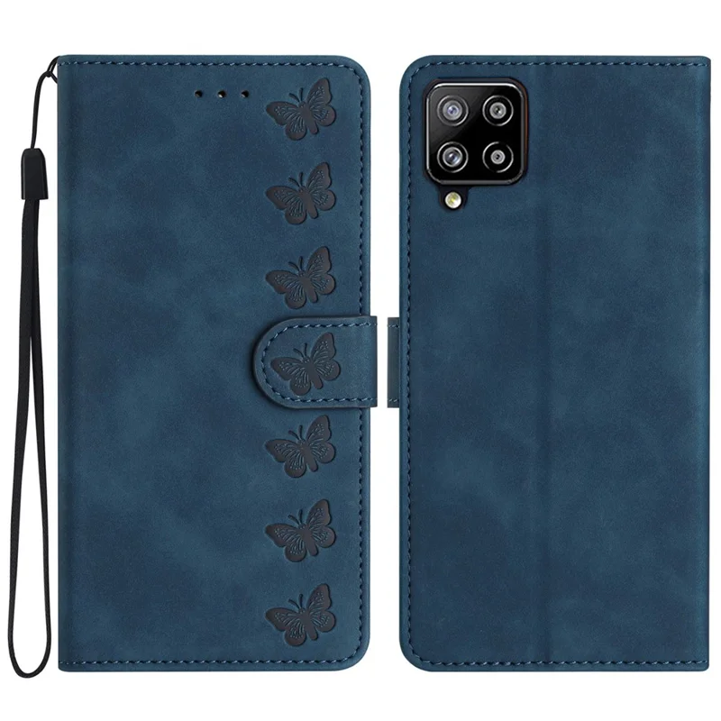 Para Samsung Galaxy M32 (Versão Global) 4G Butterfly Imprinted Phone Case Leather Wallet Flip Stand Cover - Azul
