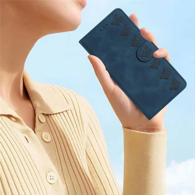Para Samsung Galaxy M32 (Versão Global) 4G Butterfly Imprinted Phone Case Leather Wallet Flip Stand Cover - Azul