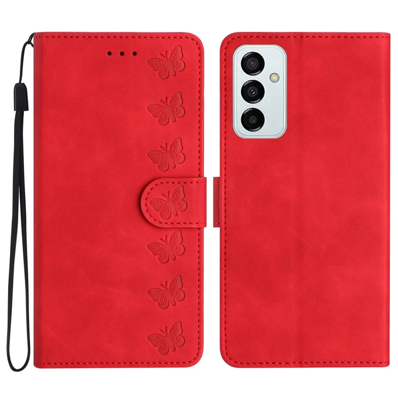 Capa Protetora para Samsung Galaxy M52 5G Stand Phone Shell Imprinted de Couro Sintético Carteira com Borboleta - Vermelho