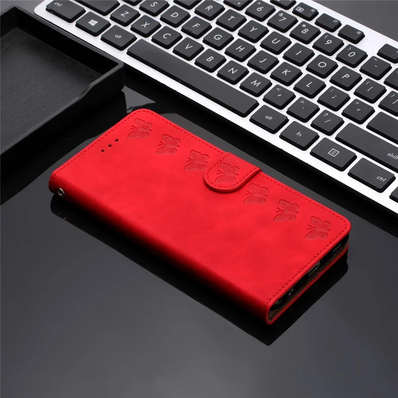 Capa Protetora para Samsung Galaxy M52 5G Stand Phone Shell Imprinted de Couro Sintético Carteira com Borboleta - Vermelho